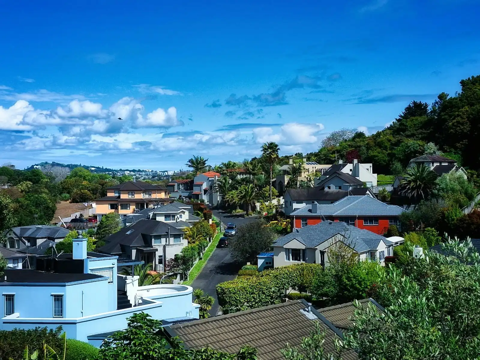 An aerial view of New Zealand suburban rooftops